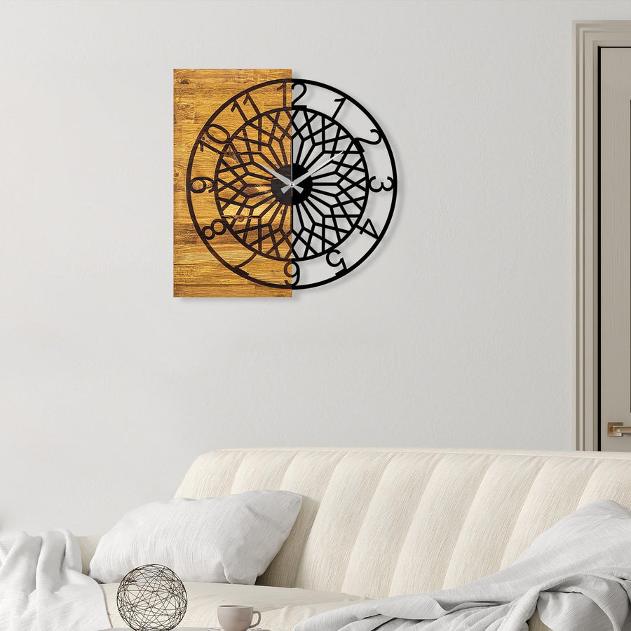 Ağ Desenli Modern Metal Ahşap Duvar Saati - Siyah