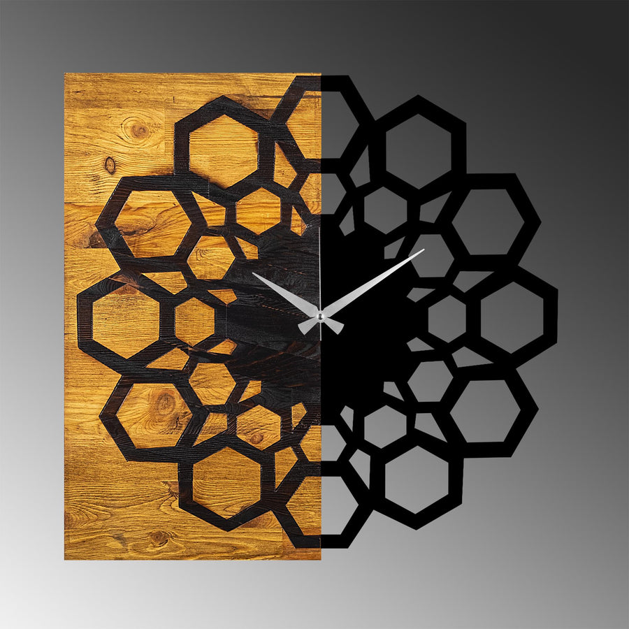 Petek Geometrik Ahşap Metal Duvar Saati - Kahve