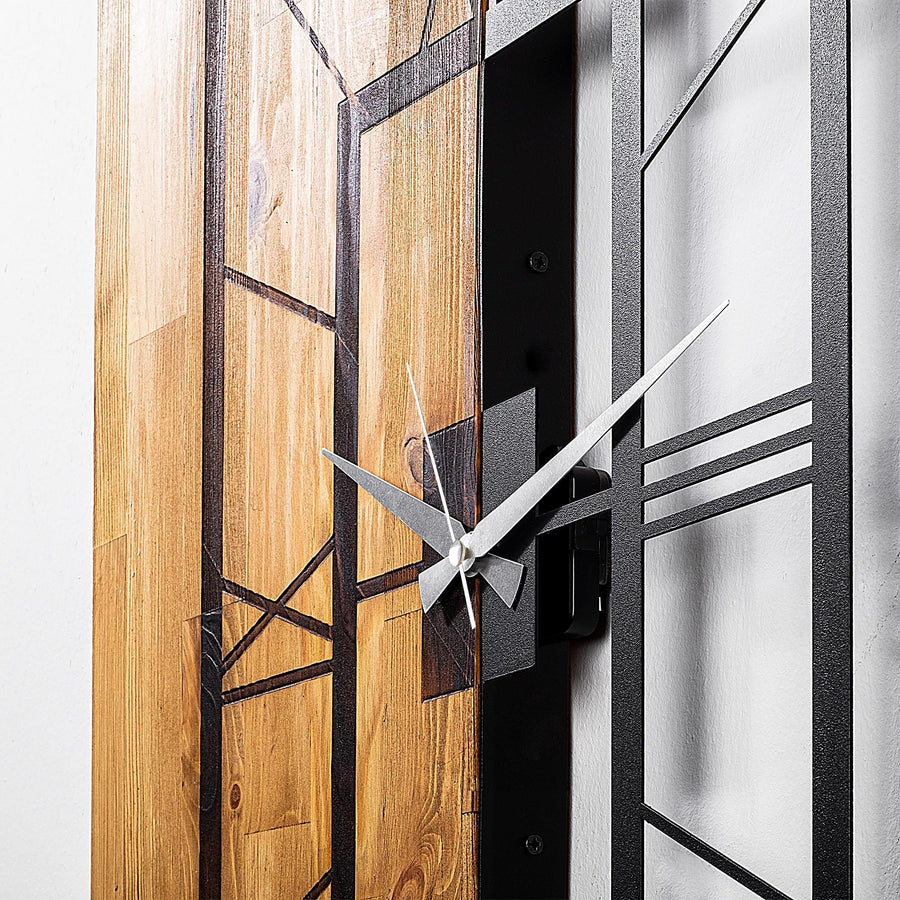 Kare Izgara Ahşap Metal Duvar Saati - Kahve