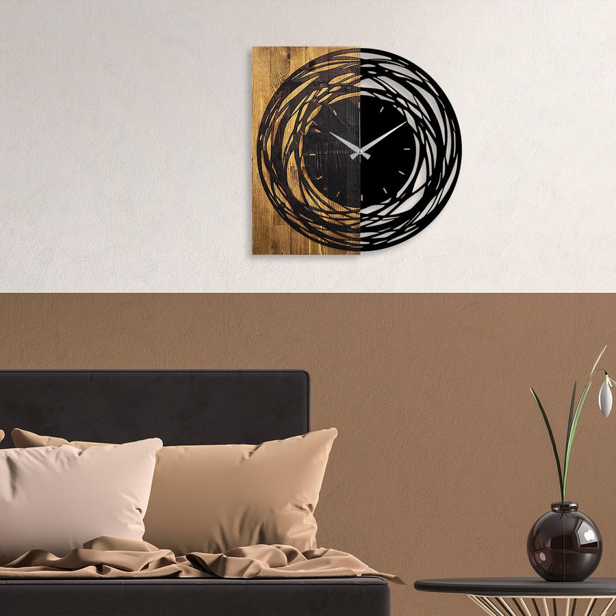 Spiral Dalga Ahşap Metal Duvar Saati - Kahve