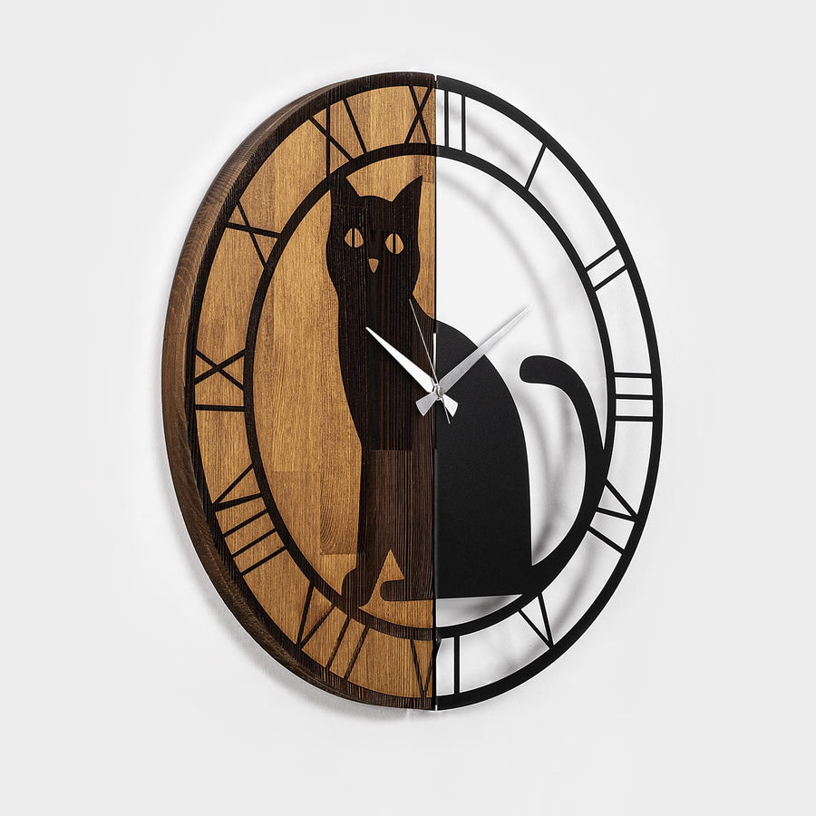 Kedi Metal Ahşap Duvar Saati - Ahşap