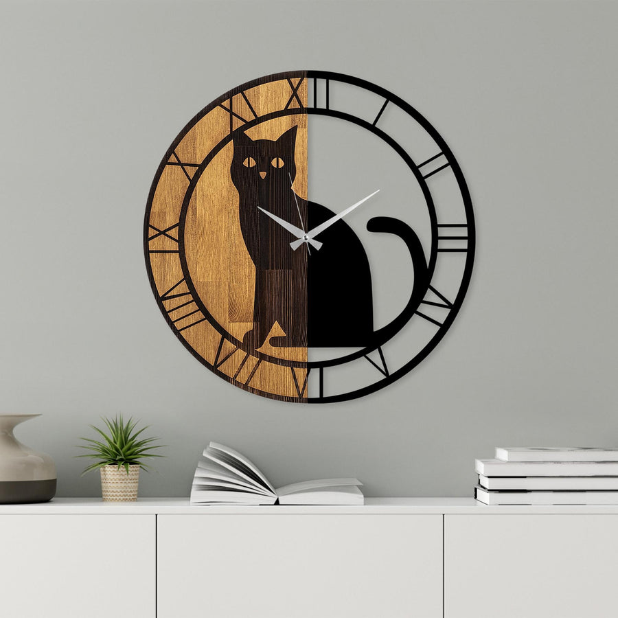 Kedi Metal Ahşap Duvar Saati - Ahşap