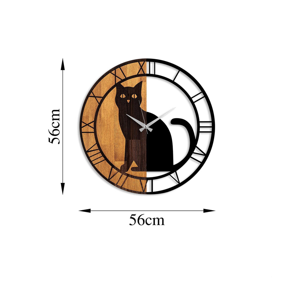 Kedi Metal Ahşap Duvar Saati - Ahşap