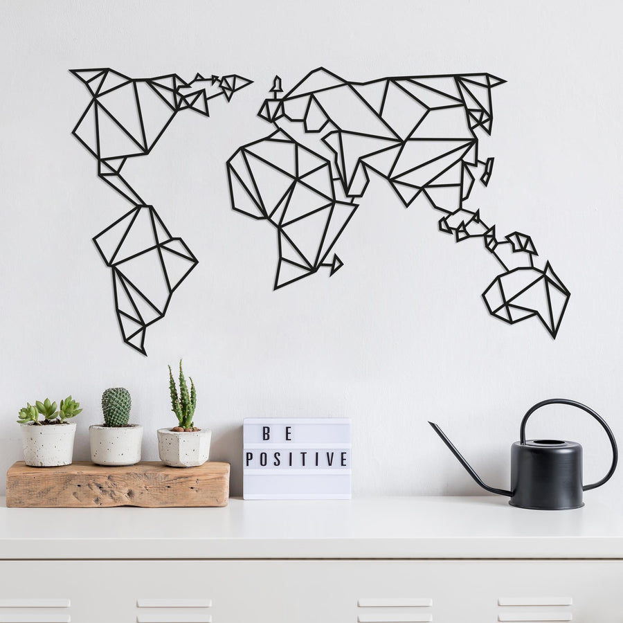 Dünya Haritası Geometrik Metal Duvar Panosu - Siyah