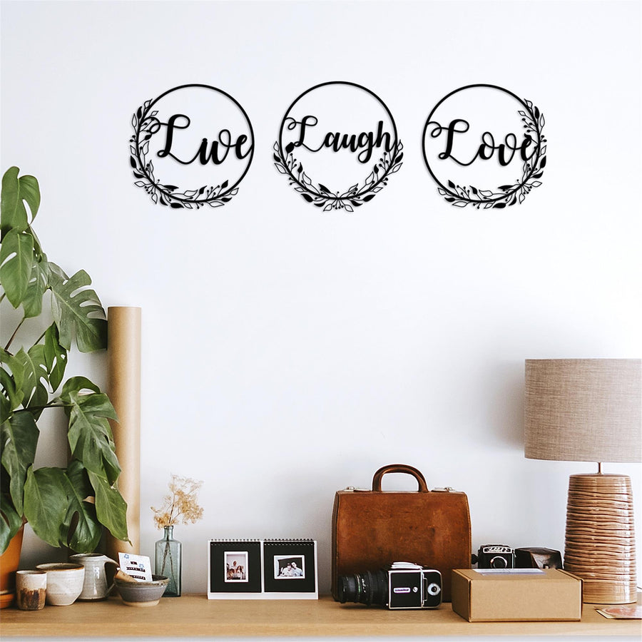 Live Laugh Love Üclü Çelenk Metal Duvar Panosu - Siyah