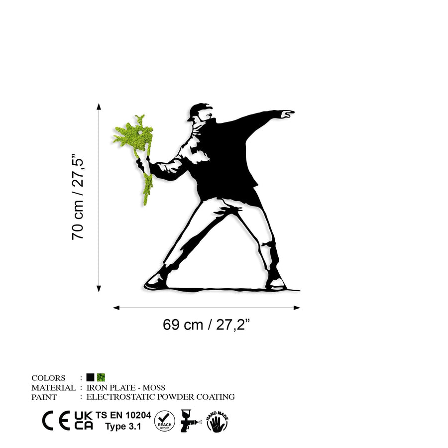Banksy Cicek Atan Adam Metal Pano Yesil - Siyah