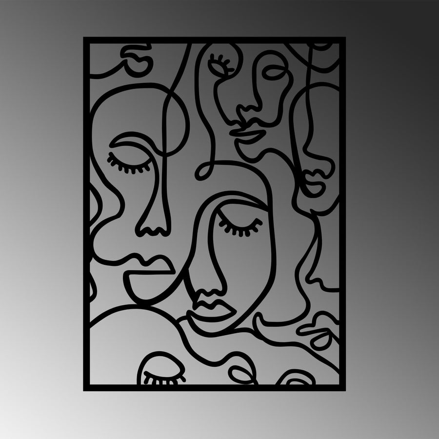 Cok Yuzlu Kadin Line Art Metal Duvar Panosu - Siyah