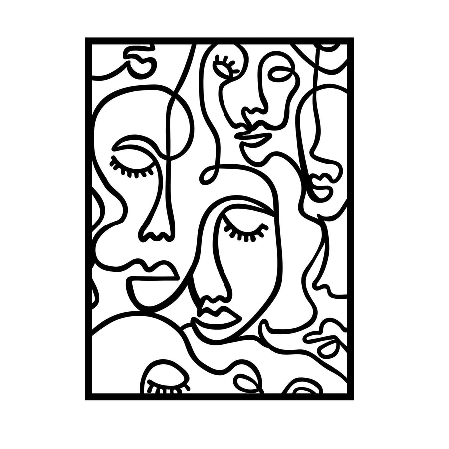 Cok Yuzlu Kadin Line Art Metal Duvar Panosu - Siyah