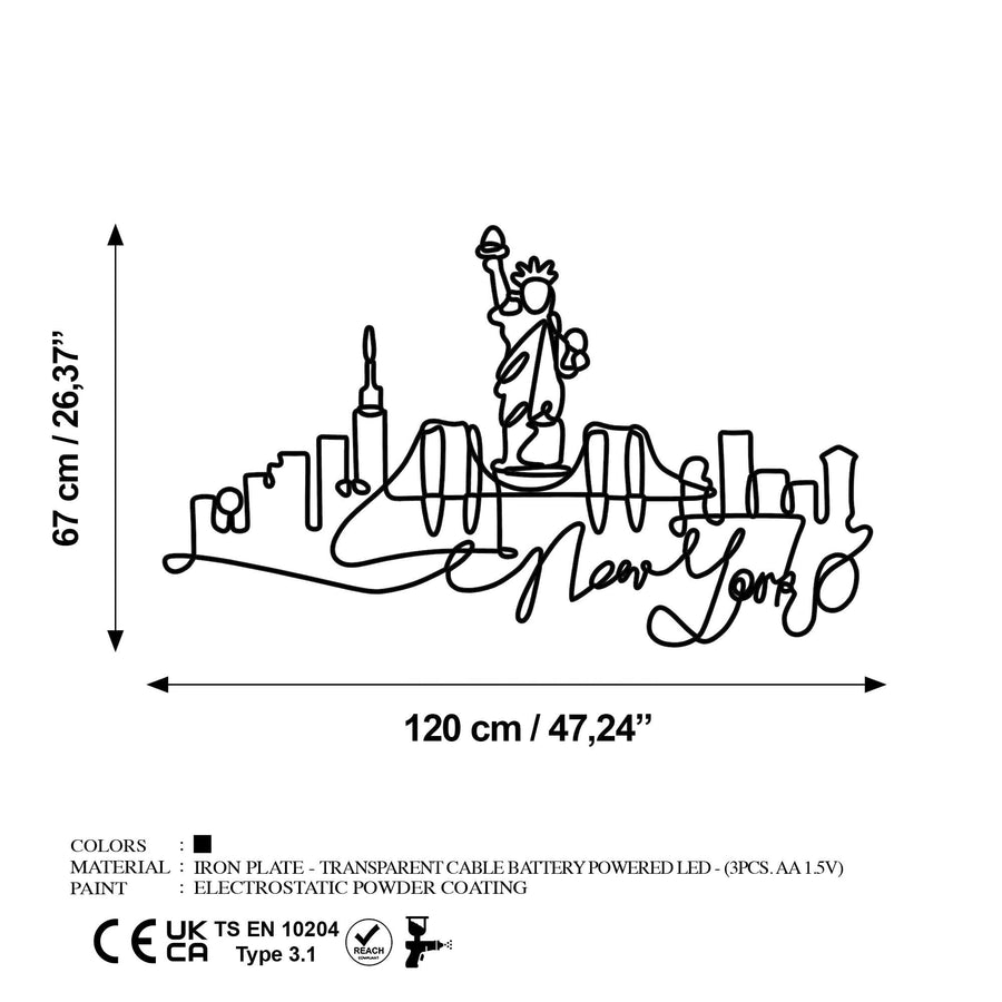 New York Skyline Tel Metal Duvar Panosu - Siyah