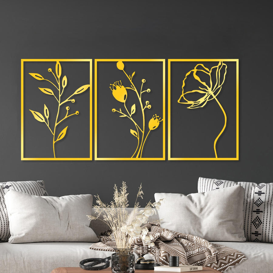 Botanik Metal Duvar Panosu 3'lü Set - Altin