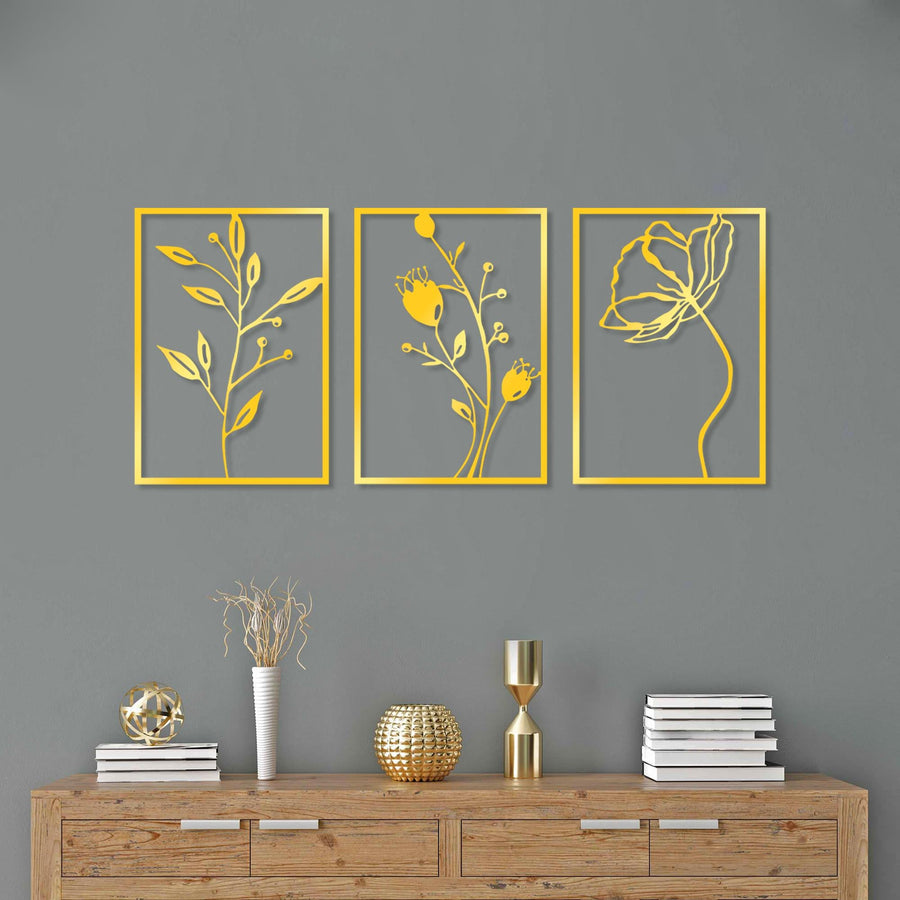 Botanik Metal Duvar Panosu 3'lü Set - Altin