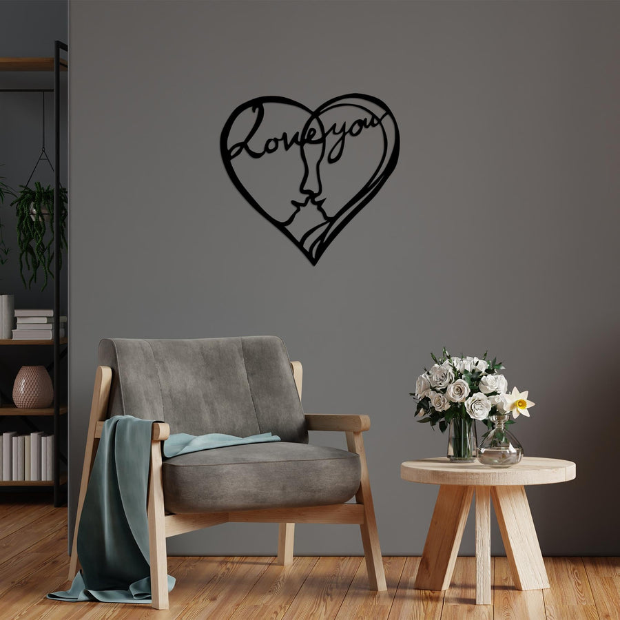 Love You Kalpli Yüz Silüeti Metal Duvar Panosu - Siyah