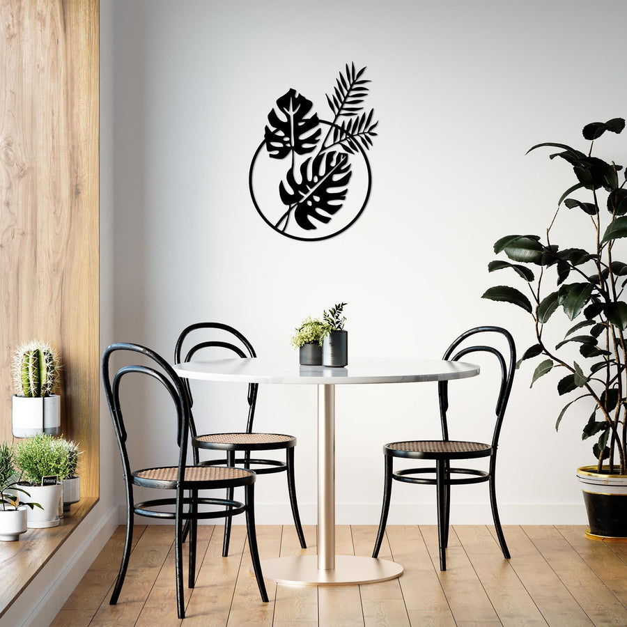 Monstera Yaprakli Daire Metal Duvar Panosu - Siyah
