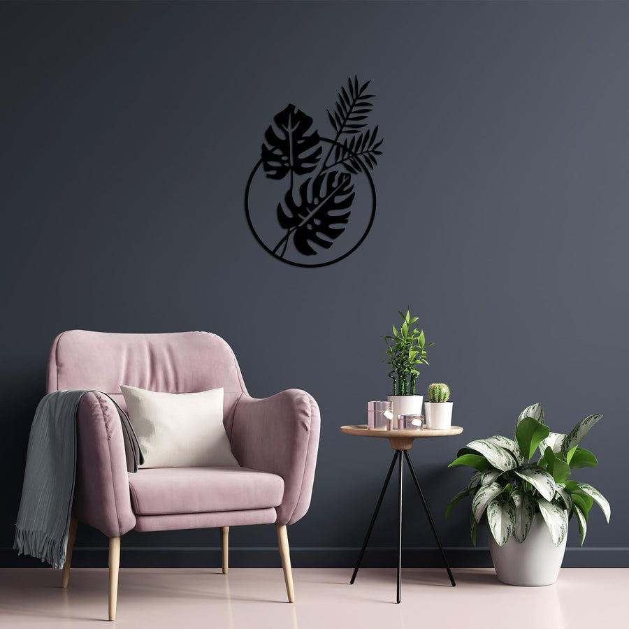 Monstera Yaprakli Daire Metal Duvar Panosu - Siyah