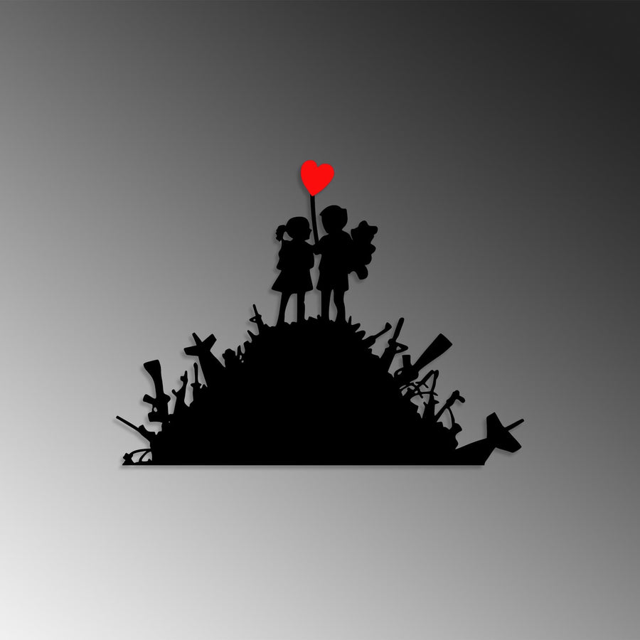Banksy Cocuklar Kalp Metal Duvar Panosu - Siyah