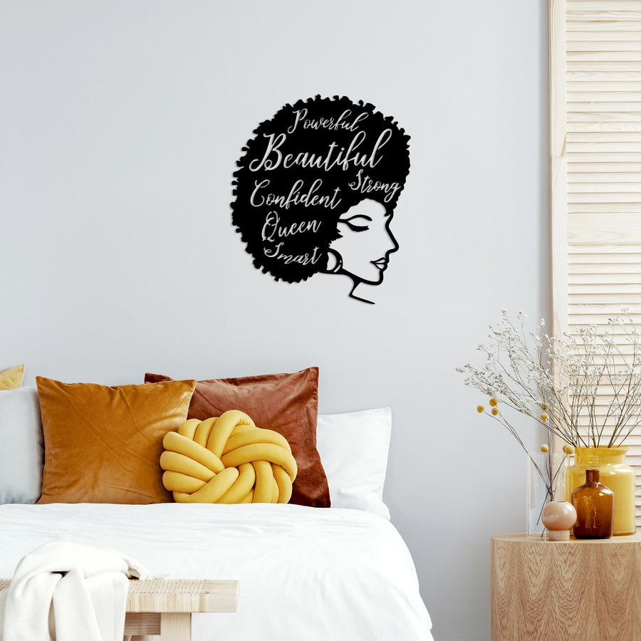 Afro Kadin Profil Beautiful Metal Duvar Panosu - Siyah