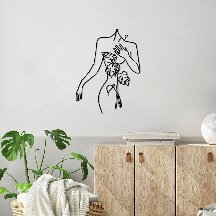Kadin Figuru Monstera Line Art Metal Panosu - Siyah