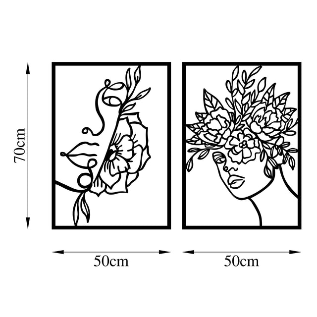 Çiçekli Yüz Line Art İkili Metal Panosu - Siyah