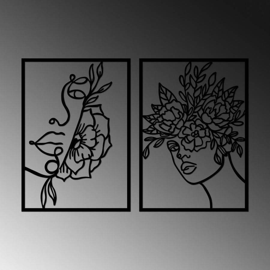 Çiçekli Yüz Line Art İkili Metal Panosu - Siyah