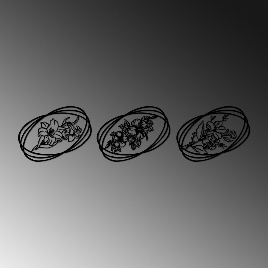 Oval Cerceveli Cicek Uclu Metal Panosu - Siyah