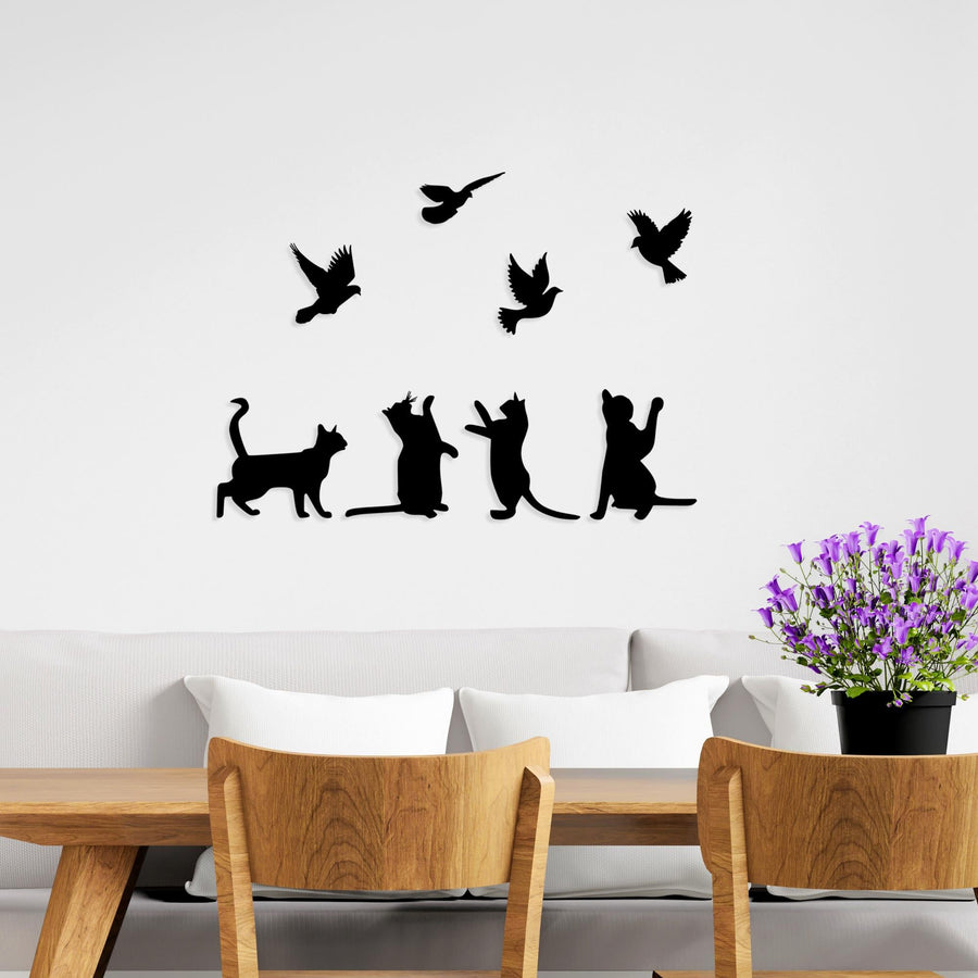 Kedi Kuş Metal Duvar Panosu - Siyah