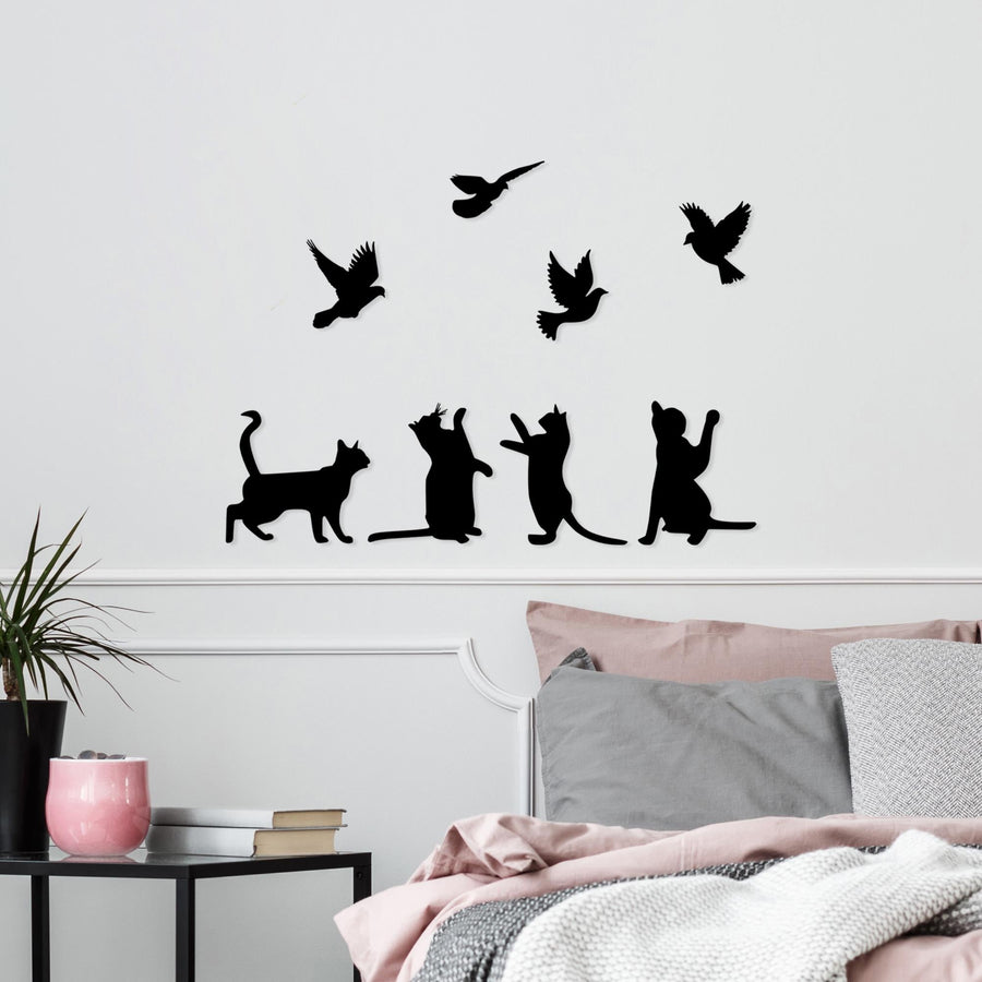 Kedi Kuş Metal Duvar Panosu - Siyah