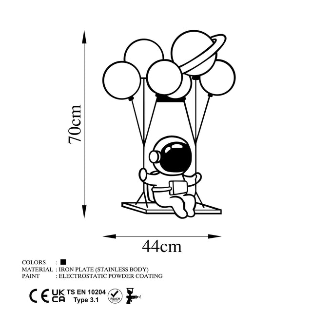 Astronot Balon Metal Duvar Panosu - Siyah