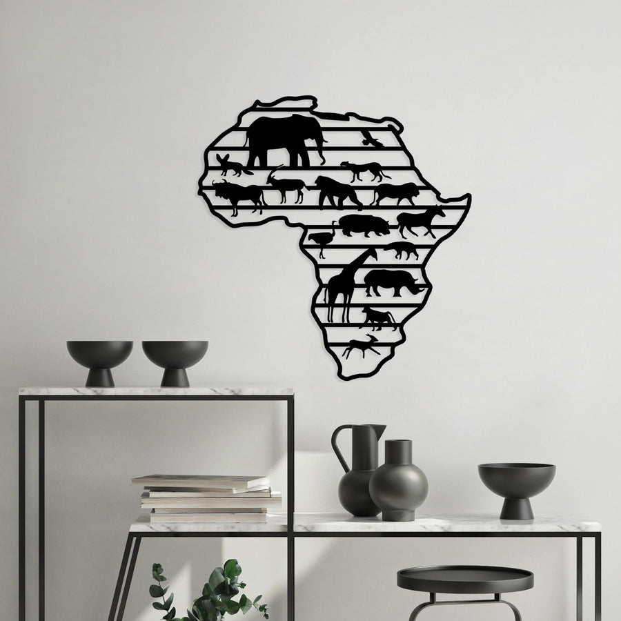 Afrika Haritasi Hayvan Metal Duvar Panosu - Siyah