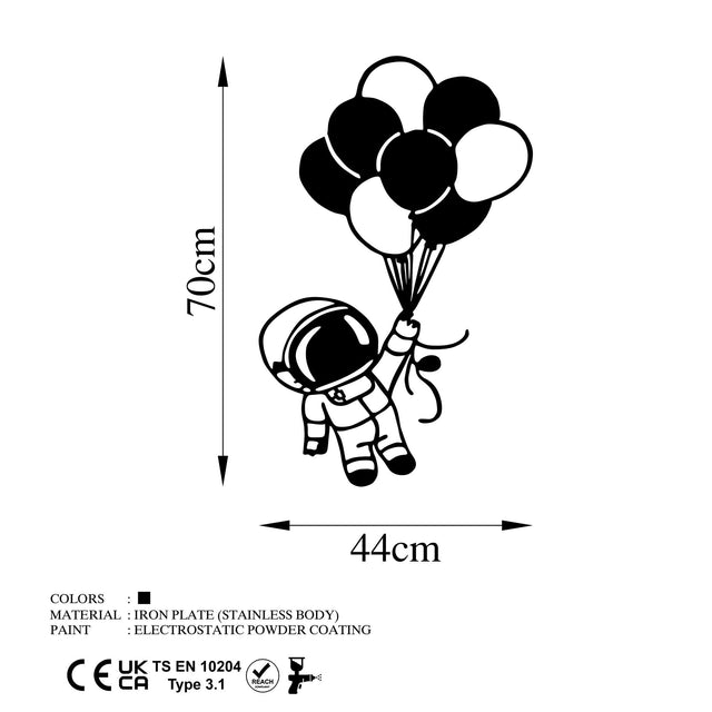 Astronot Balon Ucus Metal Duvar Panosu - Siyah