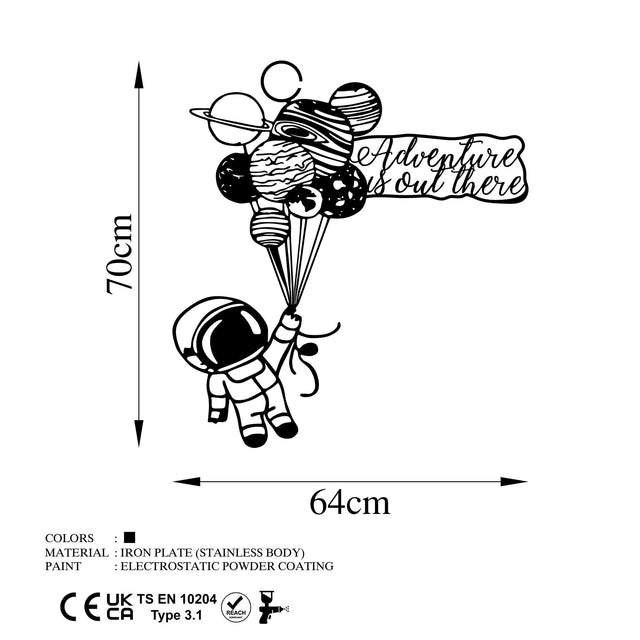 Astronot Gezegen Balon Metal Duvar Panosu - Siyah