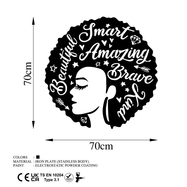 Afro Kadin Beautiful Metal Duvar Panosu - Siyah