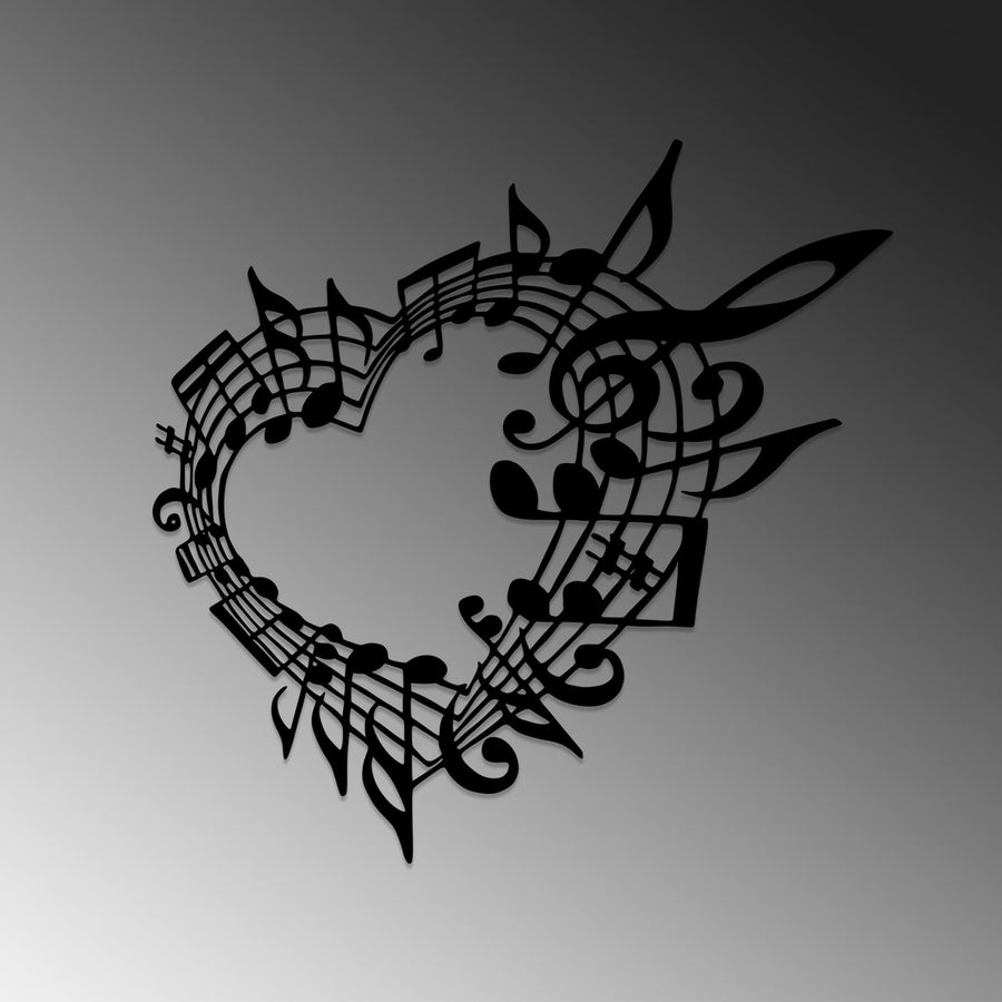 Müzik Notali Kalp Metal Duvar Panosu - Siyah