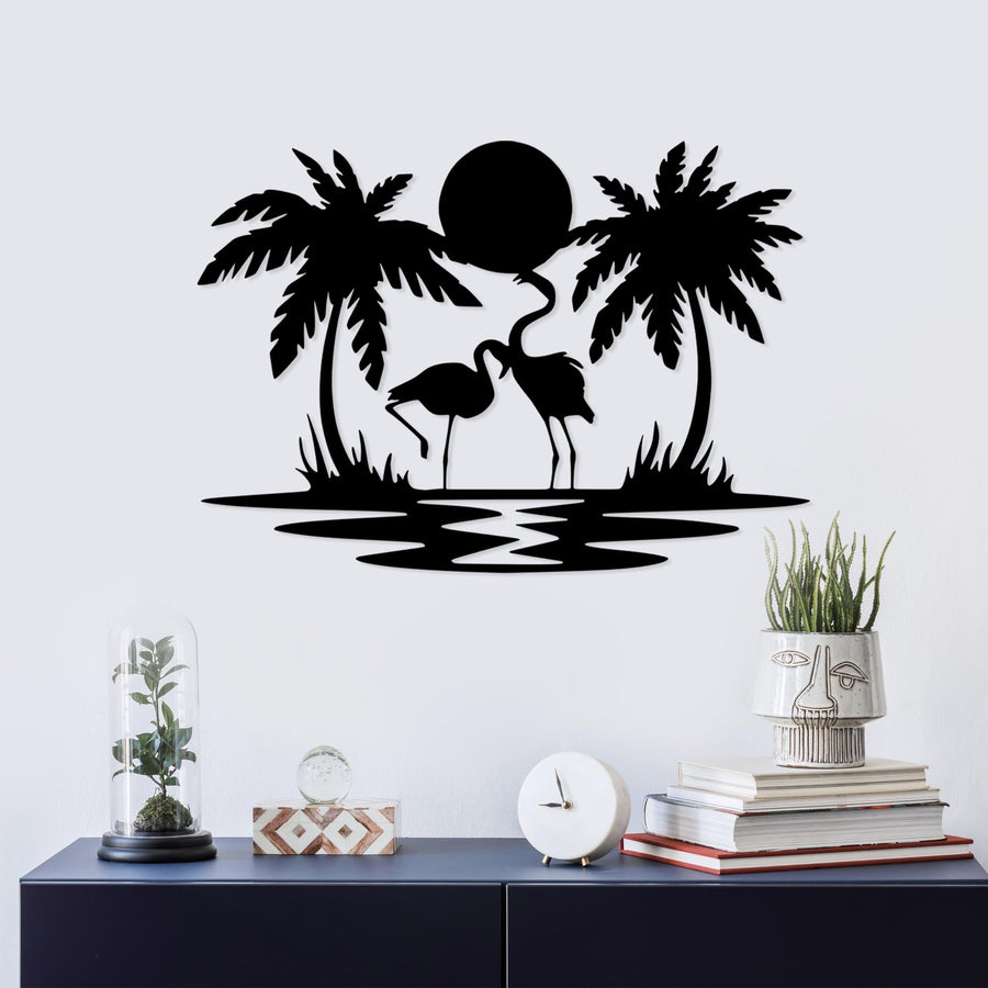 Flamingo Palmiye Metal Duvar Panosu - Siyah