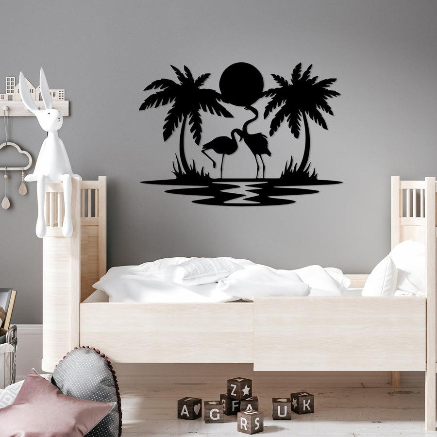Flamingo Palmiye Metal Duvar Panosu - Siyah