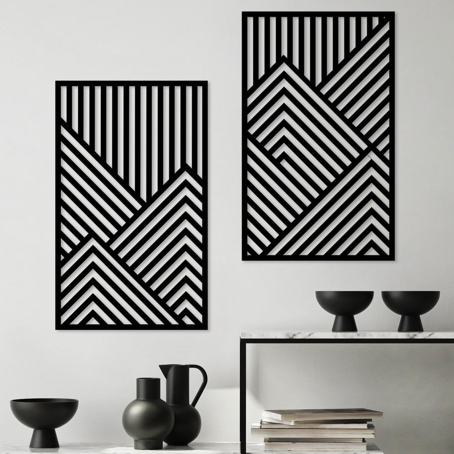 Geometrik Dağ Metal Duvar Panosu 2li Set - Siyah