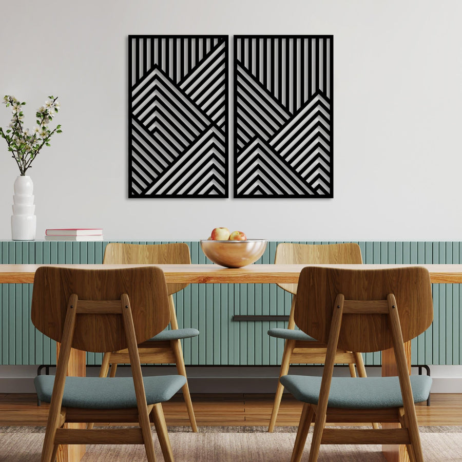 Geometrik Dağ Metal Duvar Panosu 2li Set - Siyah