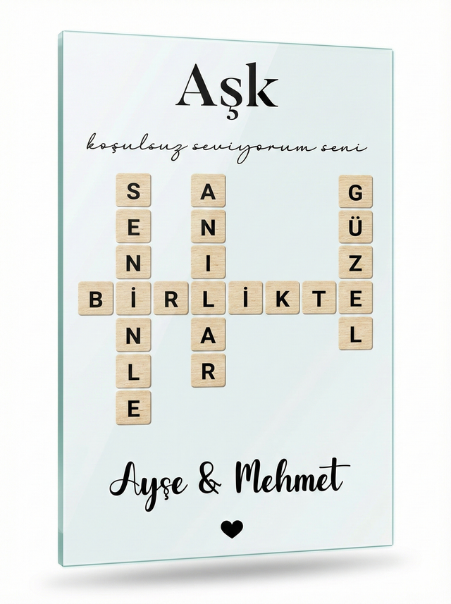 Kişiye Özel Sevgili Scrabble Cam Tablo – İsimli Romantik Aşk Tasarımı