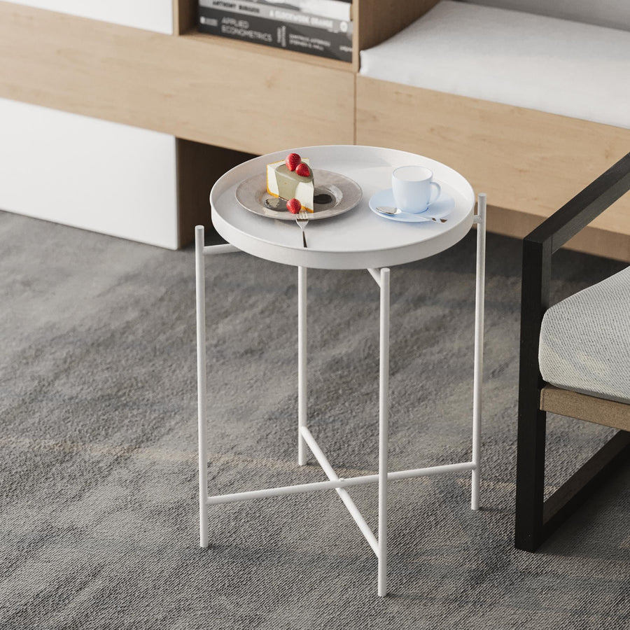 Yuvarlak Metal Tepsi Sehpa - Beyaz
