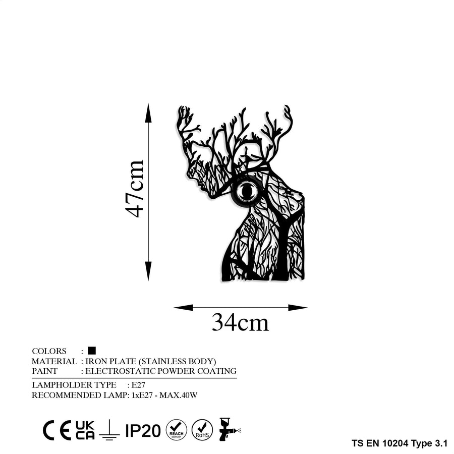 Geyik Orman Metal Duvar Apliki - Siyah