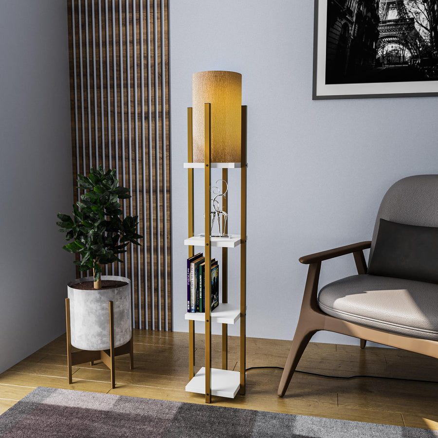 Raflı Metal Lambader Hasır Abajurlu Beyaz Raflı - Altın