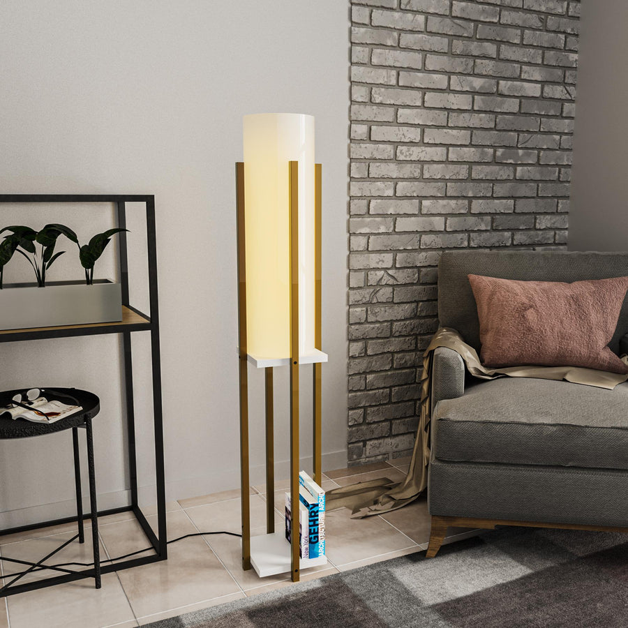 Raflı Lambader Metal Beyaz Abajur - Altin