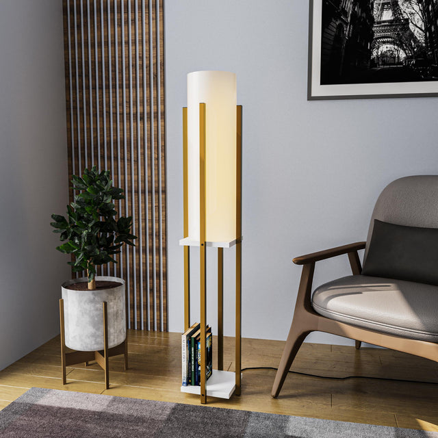 Raflı Lambader Metal Beyaz Abajur - Altin