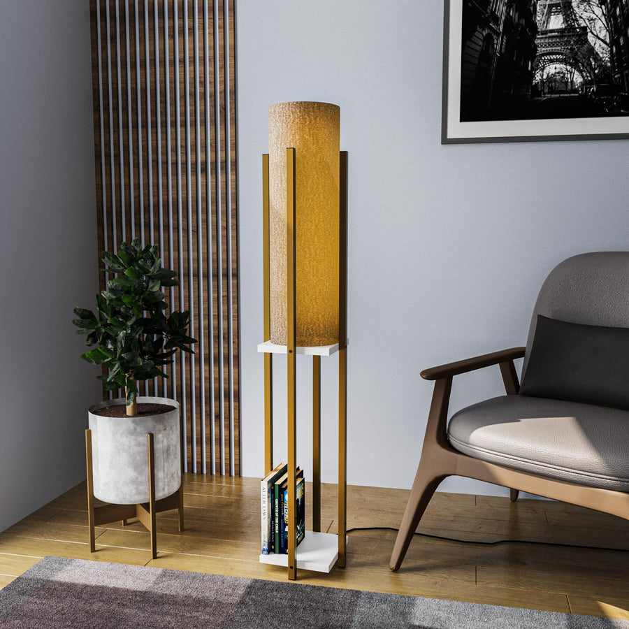 Raflı Lambader Metal Krem Abajur - Altin