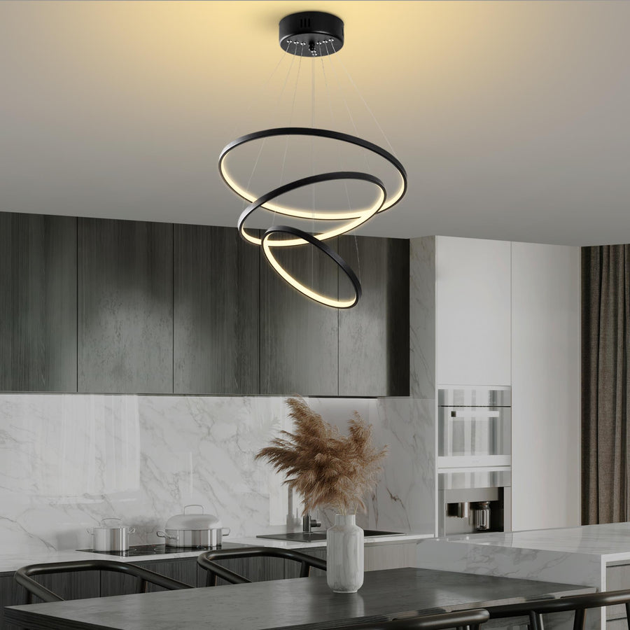 Spiralli LED Avize Metal 3 Halka - Siyah