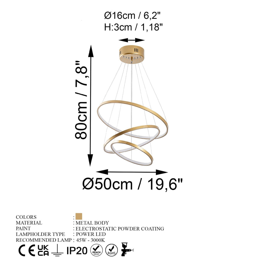 Spiralli LED Avize Metal 3 Halka - Altin