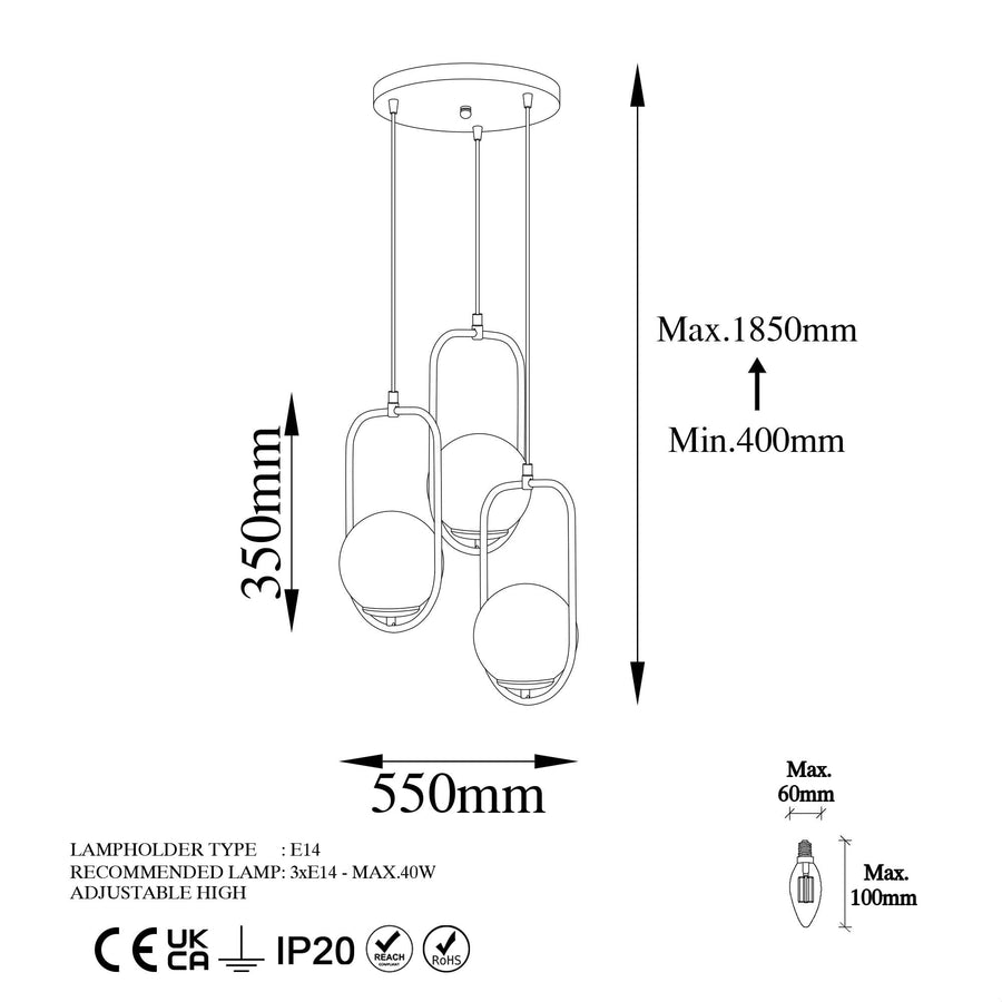 Oval Çerçeveli Cam 3'lü Tepsi Sarkıt Metal - Siyah