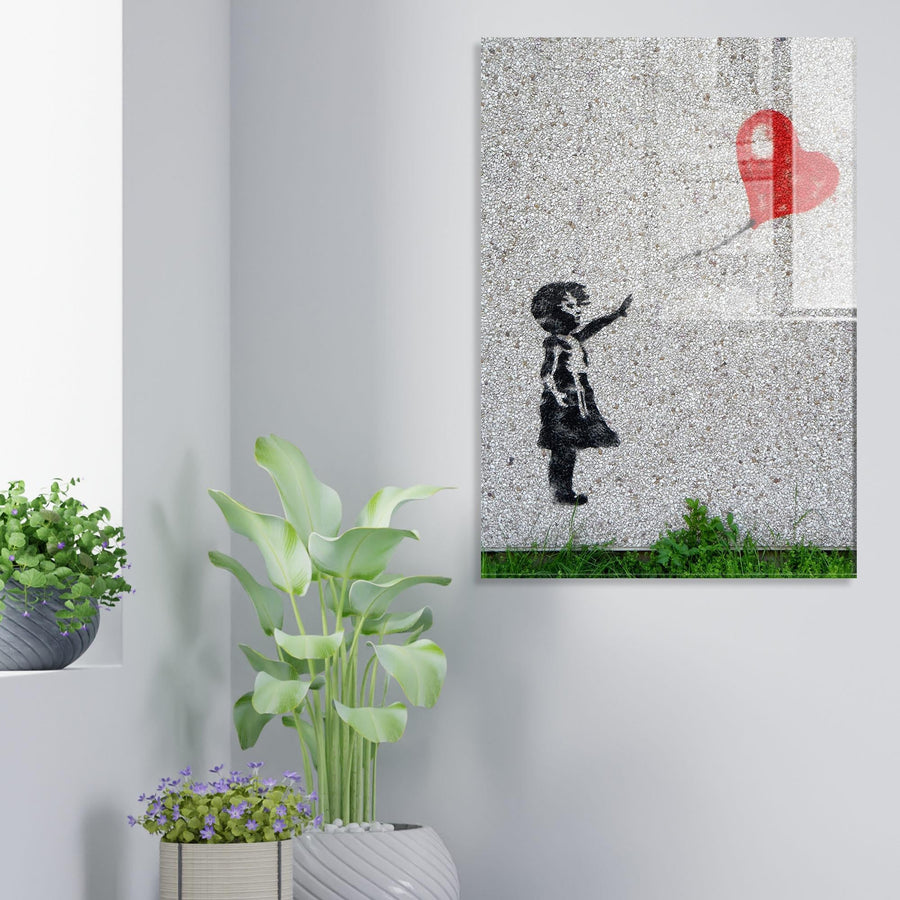 Grafiti Kiz ve Balon Cam Tablo - Beyaz