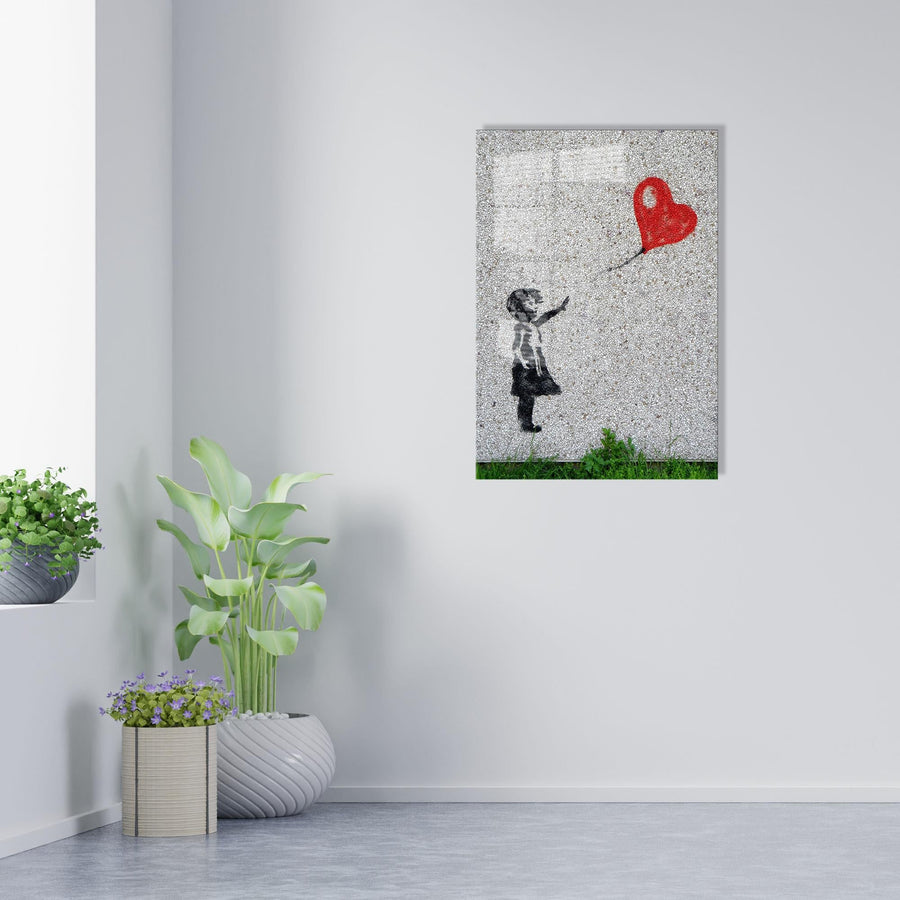 Grafiti Kiz ve Balon Cam Tablo - Beyaz