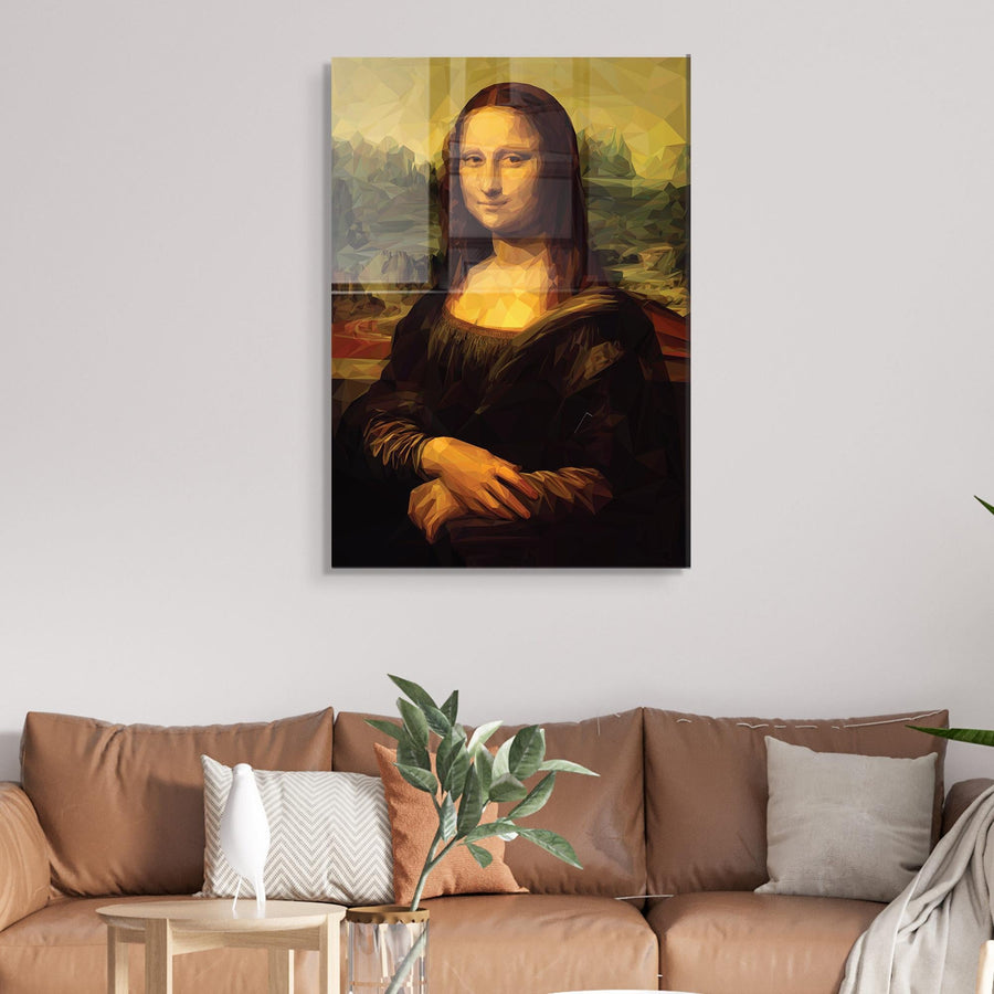 Mona Lisa Geometrik Portre Cam Tablo - Kahve