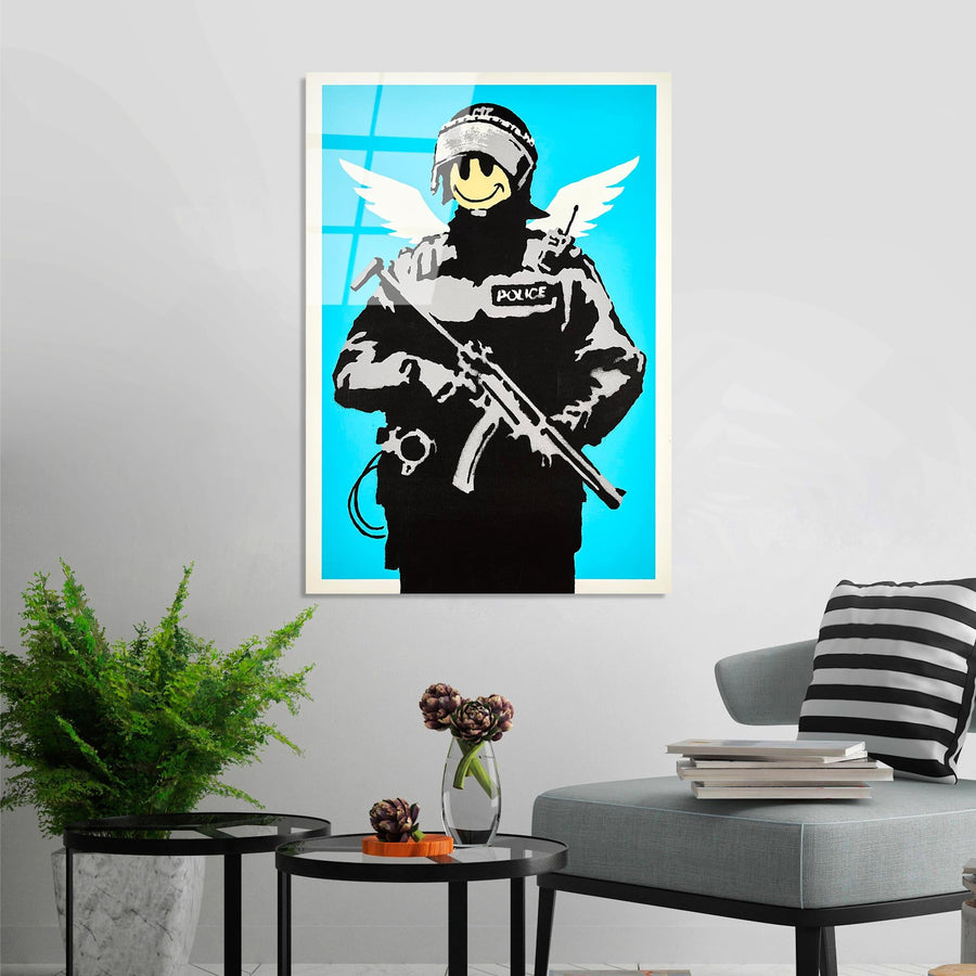 Banksy Polis Meleği Cam Tablo - Mavi